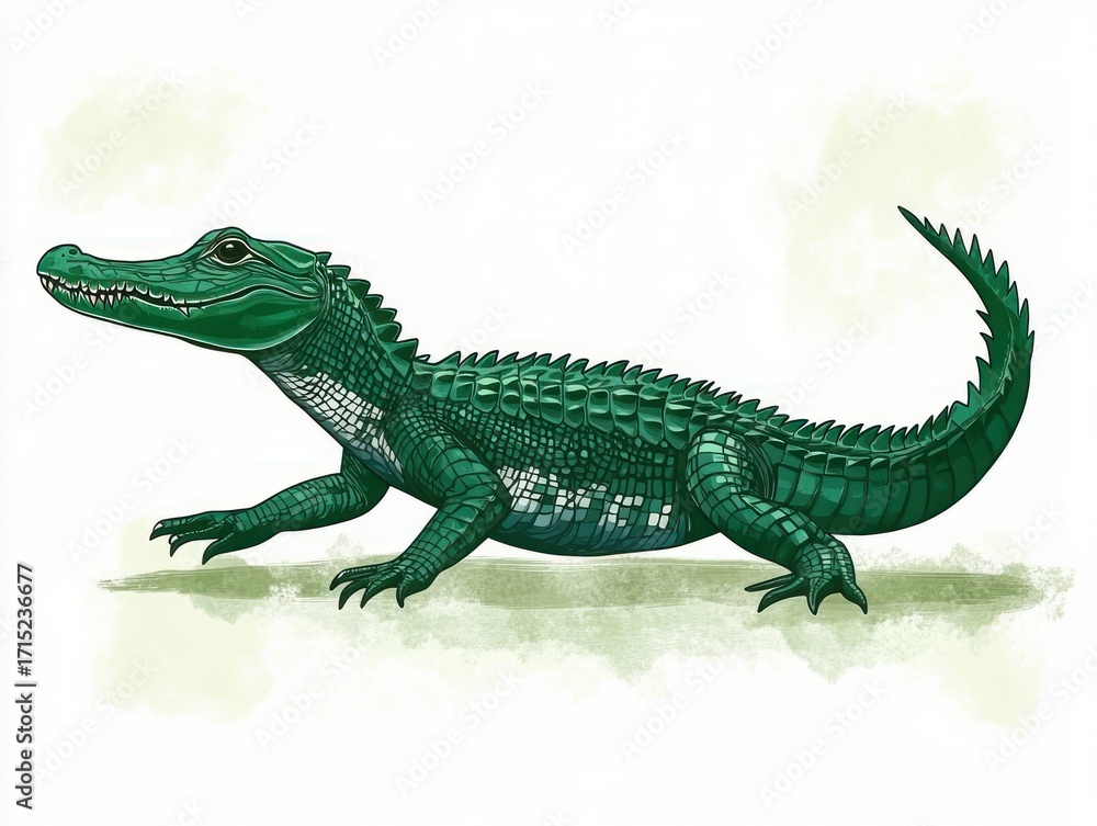 Fototapeta premium Detailed illustration of a green crocodile with textured scales and sharp claws walking on a light green background