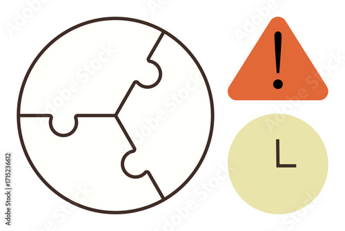 Three-piece circular puzzle globe, orange warning triangle with exclamation mark, and yellow clock. Ideal for teamwork, time management, global strategy, urgency, warning, prioritization deadlines