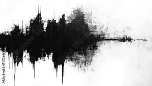 black abstract paint resembling city skyline reflection with dripping and smudged effects on white background expressing mystery and depth