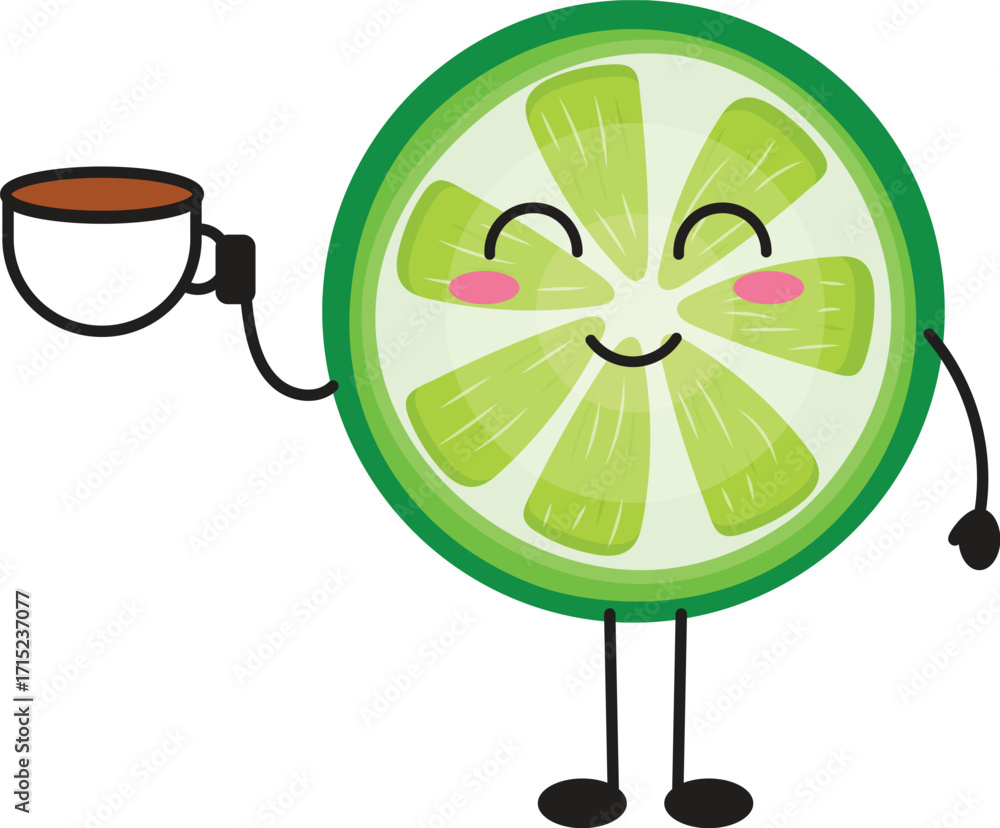 Obraz premium Smiling Lime Slice Character Enjoying a Coffee, Cartoon Food Illustration