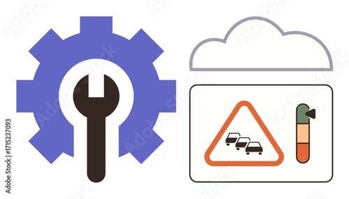 Gear and wrench for maintenance, cloud icon above traffic warning and congestion indicator. Ideal for traffic technology, innovation, automation, maintenance, safety, IoT connectivity. Simple flat