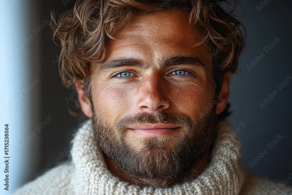 Obraz premium Close-up portrait of a smiling man with blue eyes, curly brown hair, a full beard, and a cozy knitted turtleneck sweater against a softly blurred background