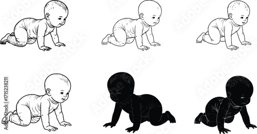 Crawling baby silhouette illustration, cute infant vector drawing, adorable toddler artwork, newborn child outline, playful baby design, cartoon crawling child character