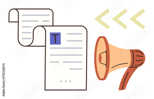 Document scroll with lines of text and a loudspeaker amplifying message arrows. Ideal for marketing, announcement, communication, media, promotion, advertising, strategy, and simple flat metaphor
