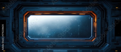 View of outer space through a futuristic spacecraft window with detailed metallic frame and glowing orange accents, evoking a sense of exploration and wonder © Donna