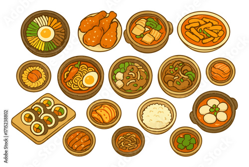 Colorful Korean Traditional Food Illustration Set, Isolated Background. Warm and Delicious Korean Cuisine Design, Various Dish Graphic Art
