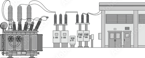 Electrical substation, power transformer, switchgear unit, control room, high voltage, energy distribution, industrial infrastructure, utility grid, safety system, engineering