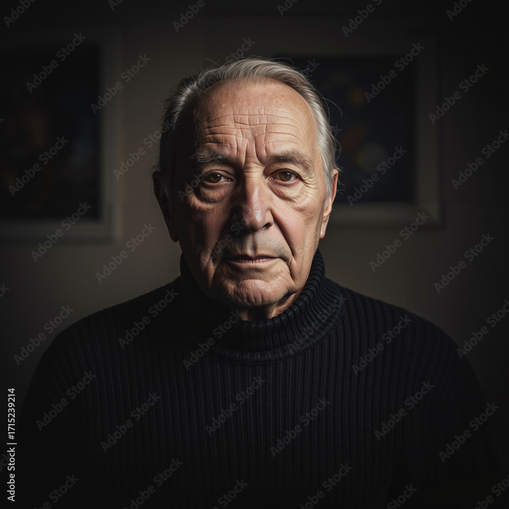 Obraz premium Elderly man with serious expression in dark sweater indoors 
