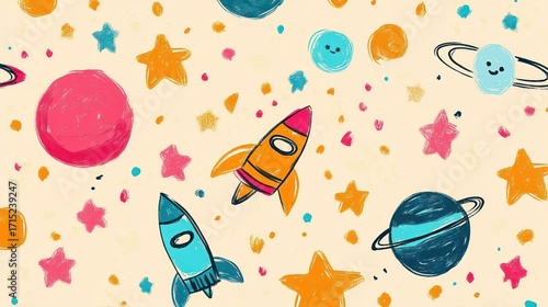 Colorful playful space-themed illustration featuring smiling planets, stars, and flying rockets against a light background conveying fun and imagination