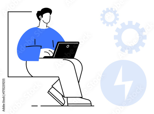 Person seated with laptop symbolizes work. Gear and lightning bolt emphasize innovation, productivity, technology, learning, and efficiency. Ideal for business, remote work, education energy