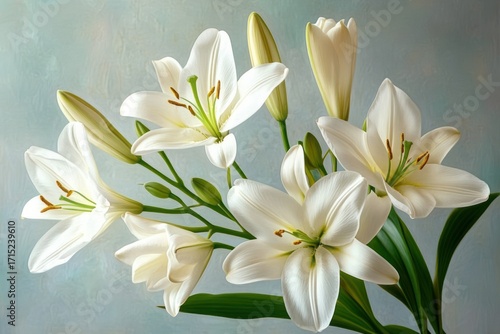 Close-up of elegant white lilies with green stems and leaves against a soft textured background showing delicate petals and stamens