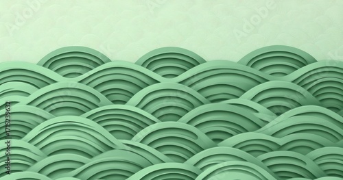 Abstract layered green wave patterns with smooth curves and shadows creating a sense of depth and tranquility