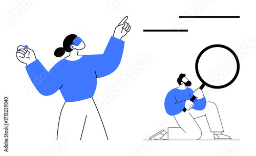 Woman gesturing and man kneeling with magnifying glass, emphasizing collaboration, discovery, problem-solving. Ideal for teamwork, analysis, creativity, research, exploration innovation simple flat