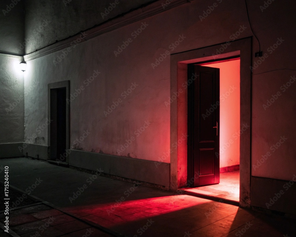 Obraz premium Open door with red light coming from inside a dark mysterious room