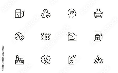 Sustainability modern professional line icon set, clean minimal vector collection for eco-friendly concepts, green energy, nature conservation, environment, and recycling