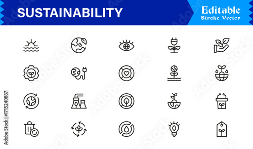 Sustainability modern professional line icon set, clean minimal vector collection for eco-friendly concepts, green energy, nature conservation, environment, and recycling