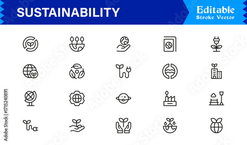 Sustainability modern professional line icon set, clean minimal vector collection for eco-friendly concepts, green energy, nature conservation, environment, and recycling