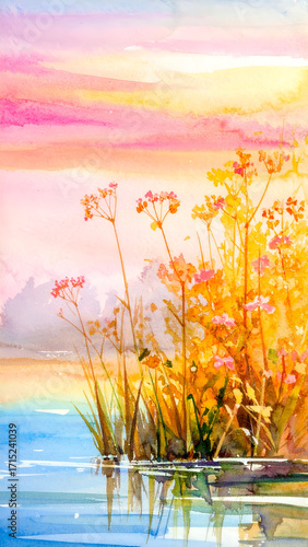 Golden Haze Over Icy Marsh with Blooming Reeds and Faint Colors