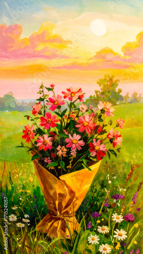 Beautiful Wrapped Bouquet in a Field at Sunset with Vibrant Colors