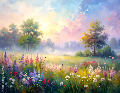 Tranquil Meadow Blossoms in Morning Fog with Vibrant Colors