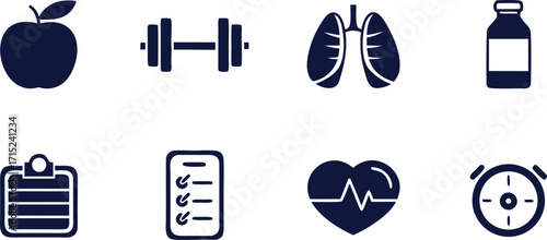 Health and Fitness Icons in Dark Blue apple dumbbell