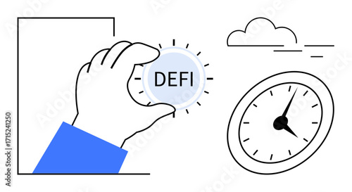 Hand holding DEFI coin with a glowing effect, clock symbolizing time, cloud depicting modern tech. Ideal for blockchain, decentralized finance, time management, technology, innovation, investment