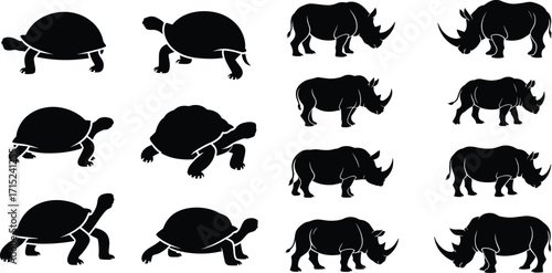 Collection of various black silhouette turtle and rhinoceros vectors for wildlife, animal, and nature designs
