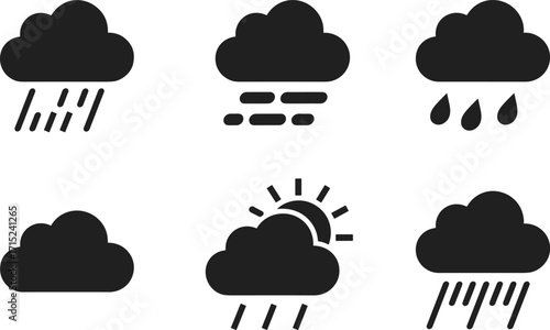 Collection of various black silhouette weather vectors for climate, forecast, and nature designs