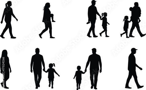 Family silhouettes walking together, parents with children, father mother holding kids, lifestyle people illustration, parenting bond, relationship love, outdoor family design vector