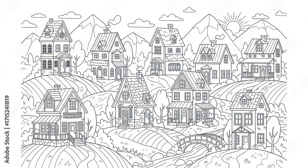 Obraz premium Line drawing village landscape