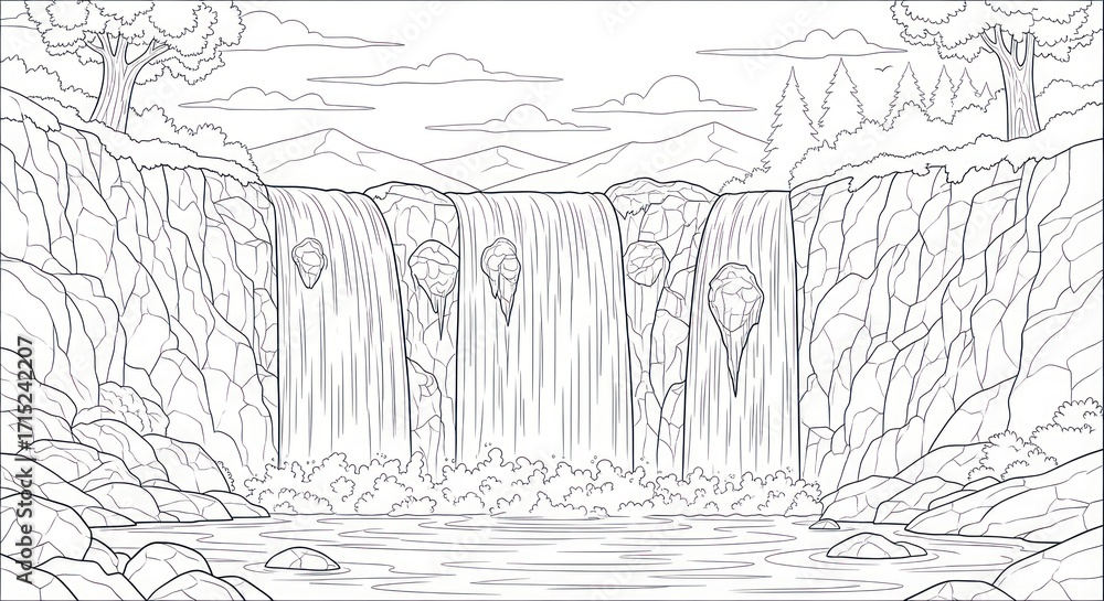 Fototapeta premium Majestic waterfall landscape drawing