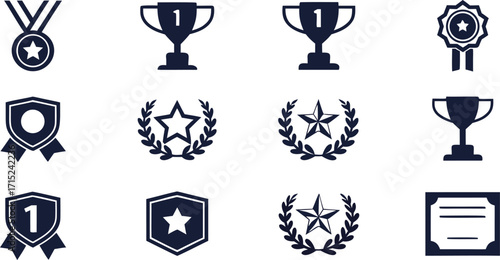 Twelve dark blue award and achievement icons on a white background