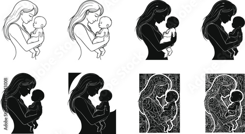 Mother holding baby illustration, mom silhouette with child, maternal love vector art, family bonding, parent care, motherhood design, happy parenting symbol