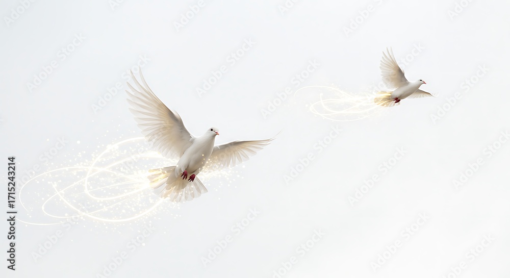 Obraz premium Two white doves soaring through light streaks with freedom and peace concept.