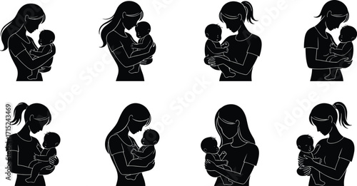 Mother holding baby silhouette, mom and child love, parent bonding illustration, maternal care vector, newborn cuddle design, motherhood concept drawing, affection