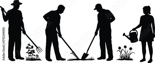 Gardening silhouette, teamwork in agriculture, farmers working, pitchfork, hoe, shovel, watering can, planting, black and white, outdoor labor scene