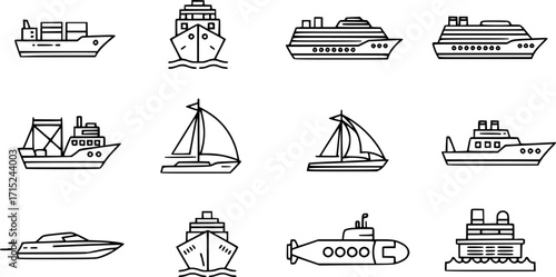 Ship line icons set.