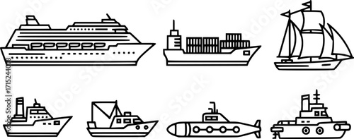 Ship line icons set.