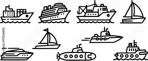Ship line icons set.