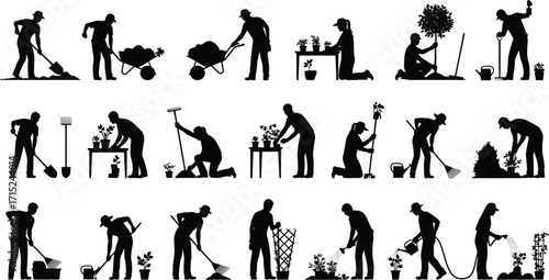 Gardening silhouette, black vector illustration, garden work, people with tools, planting, watering, digging, trimming, landscaping, outdoor activity, horticulture