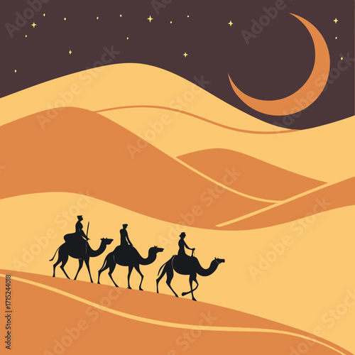 “Silhouette of nomads riding camels across golden desert dunes at twilight, glowing horizon with crescent moon rising, symbol of travel, endurance, and timeless human journey.”