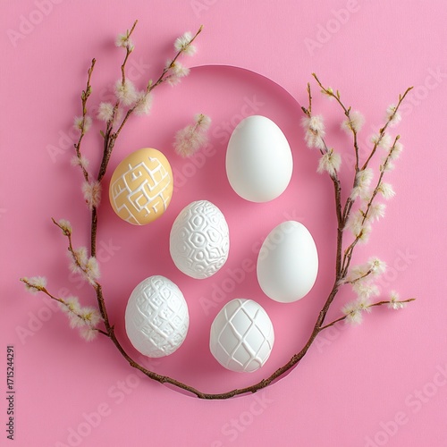 Decorative white and pastel eggs with intricate patterns arranged in a circle surrounded by delicate fluffy pussy willow branches on a pink background creating a soft and elegant mood