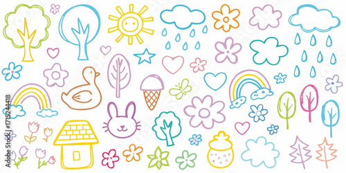 Collection of hand drawn doodle elements for kids including trees sun clouds flowers rainbows and animals