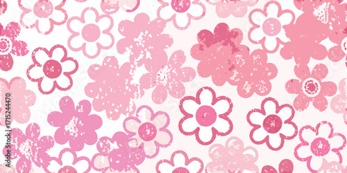 Retro floral pattern with pink hues and distressed texture