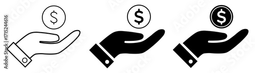 Hand holding coin, US dollar on palm vector icons suitable for investment, contribution, donation, funding symbols(outline style and black silhouette) for economy business finance uses and fintech UI