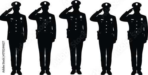 Police officer silhouette saluting, law enforcement honor, security guard respect, military salute illustration, authority figure symbol, police uniform vector design artwork.