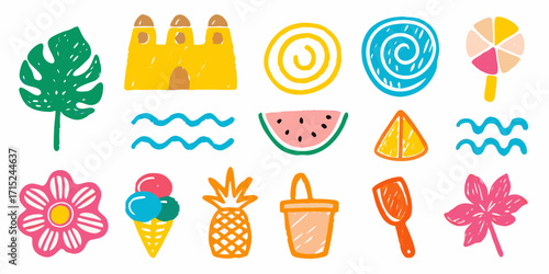 Collection of colorful hand drawn summer icons including a sandcastle ice cream pineapple and beach toys