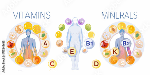 Illustration of essential vitamins and minerals surrounding human figures representing health and nutrition