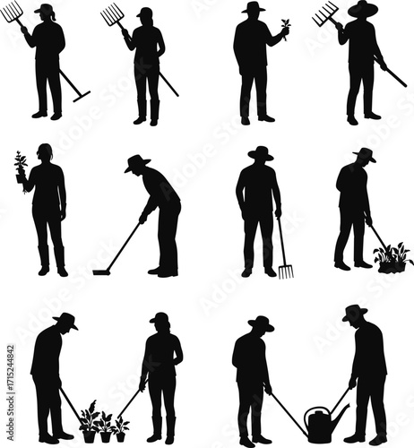 Gardening silhouettes, people working in garden, farmers with tools, planting, watering, teamwork, horticulture, agriculture, outdoor activity, eco lifestyle, nature care