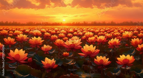 Vast field of blooming orange lotus flowers under a dramatic golden sunset sky with scattered clouds